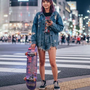 ragazza con tavola in mano ghettoblaster