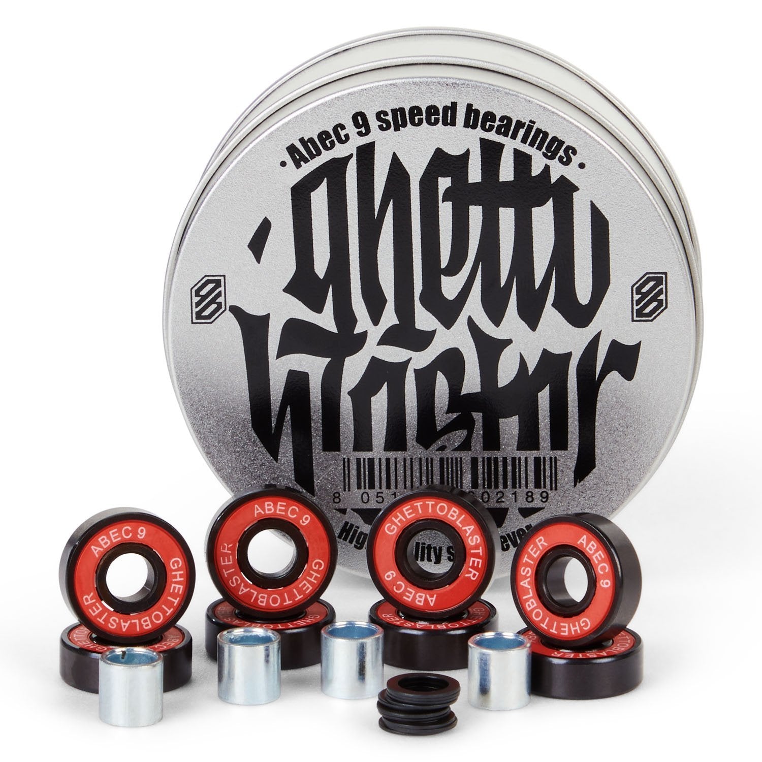 Roulements à Billes ABEC 9 Ghetto Blaster Carbon Chrome – 8 Roulements + 4 Entretoises + 8 Rondelles, Pour Skateboard, Street, Skatepark