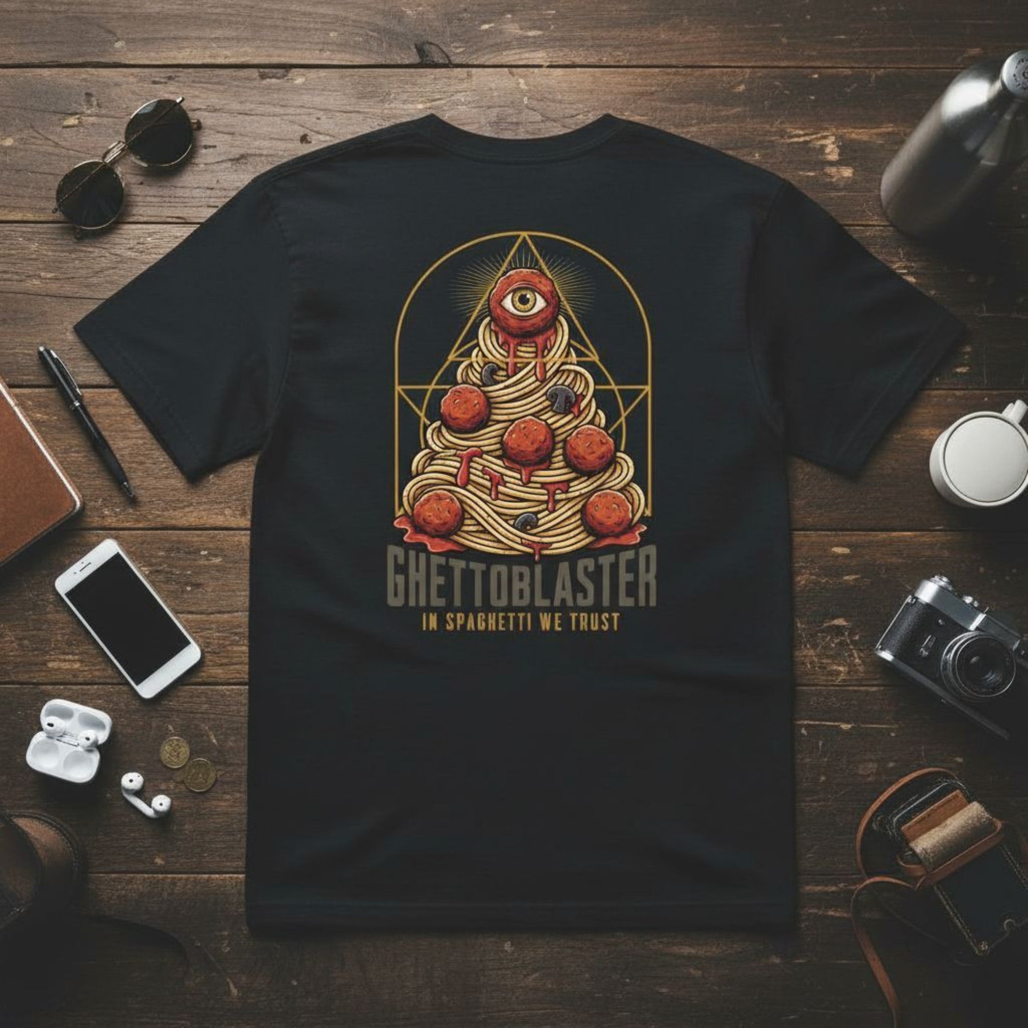 Maglietta unisex con stampa di spaghetti colorati, perfetta per outfit casual e urban