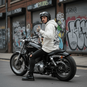 Rider con hoodie streetwear e abbigliamento urbano ispirato alla cultura street