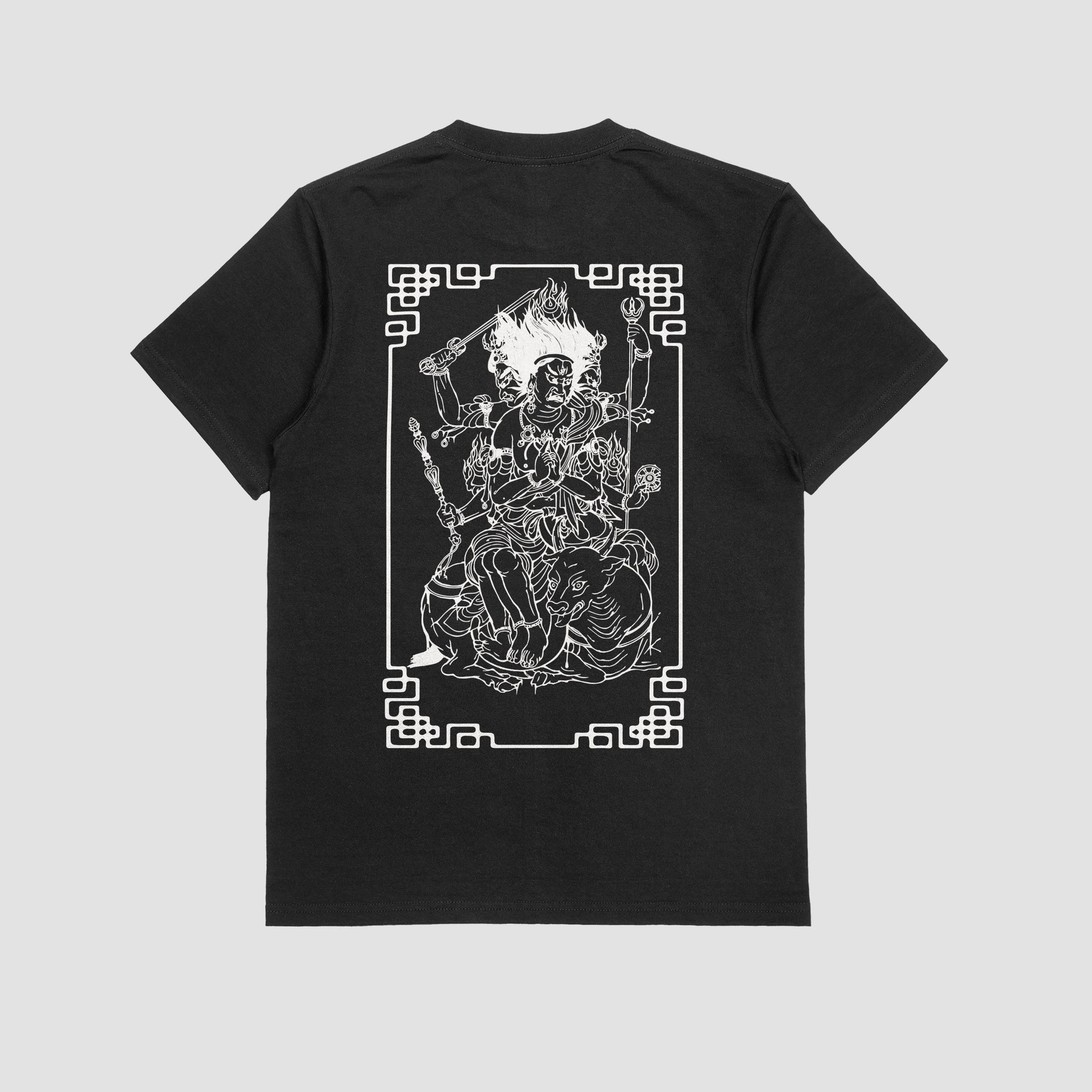 Black t-shirt with Tibet God graphic.