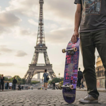 Skater che tiene tavola in mano davanti alla tour Eiffel