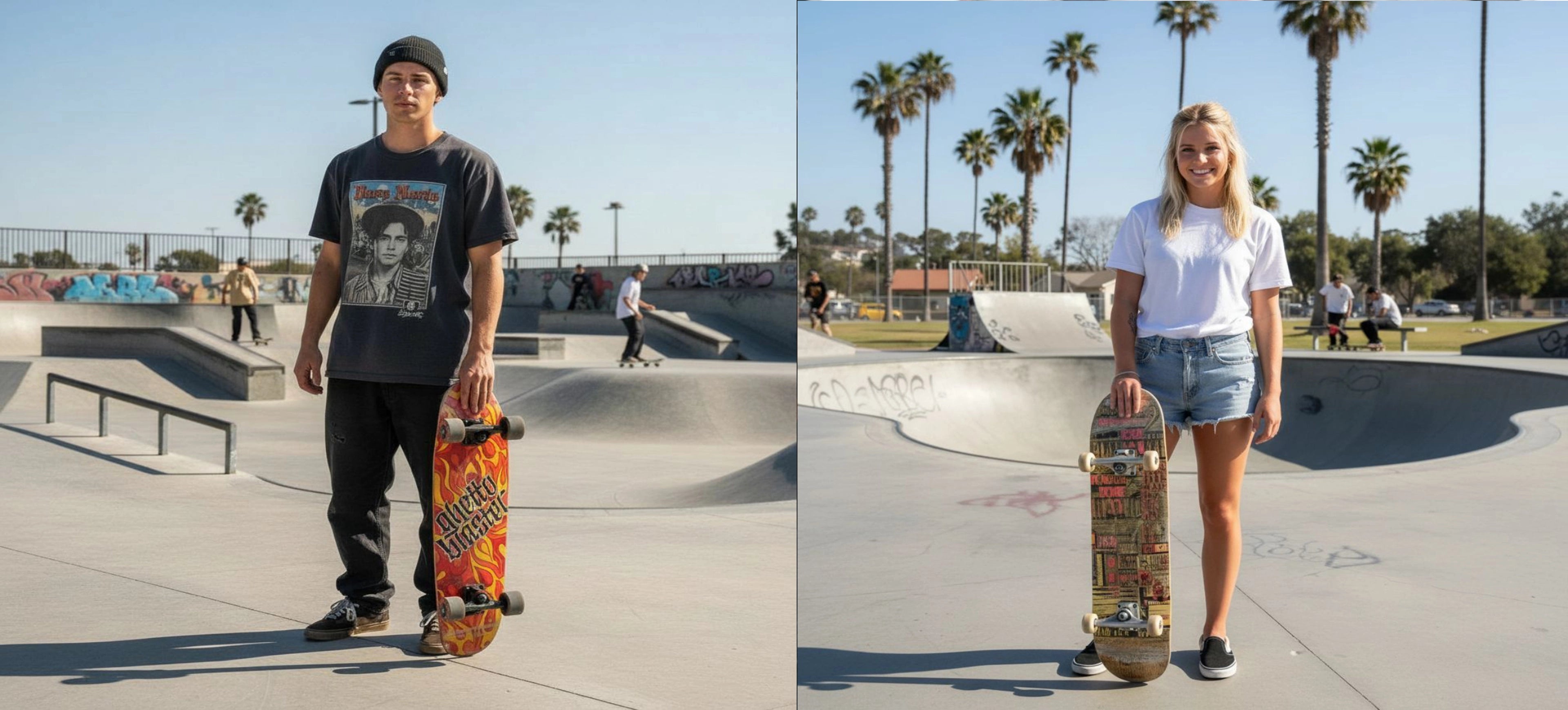 ragazzo e ragazza in skatepark che tengon tavolaslider_item_iFMiNP
