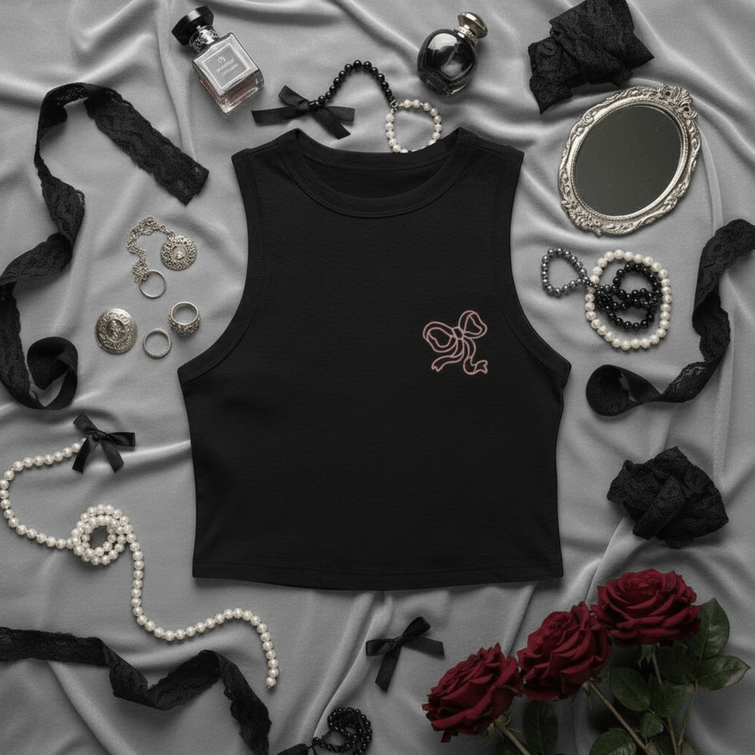 Crop Top Canotta Nero con Fiocco