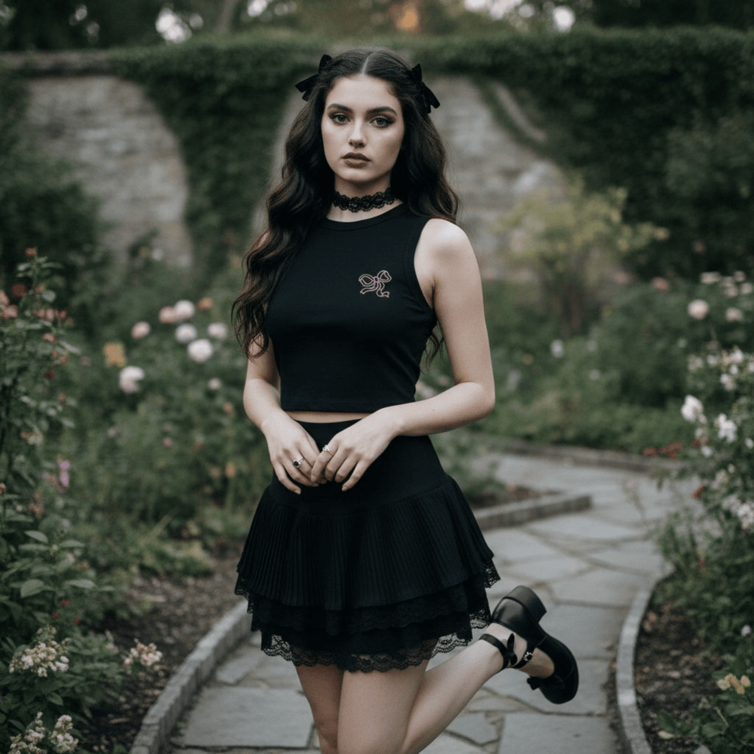Crop Top Canotta Nero con Fiocco