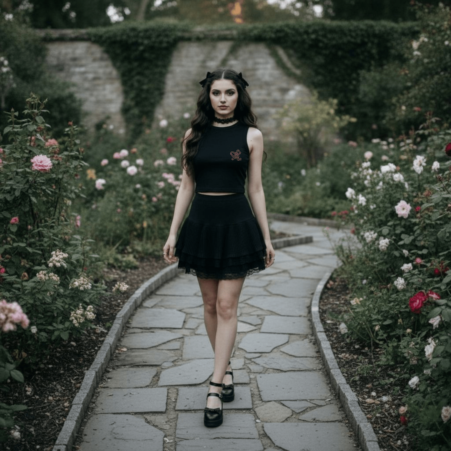 Crop Top Canotta Nero con Fiocco - ghettoblasterwear