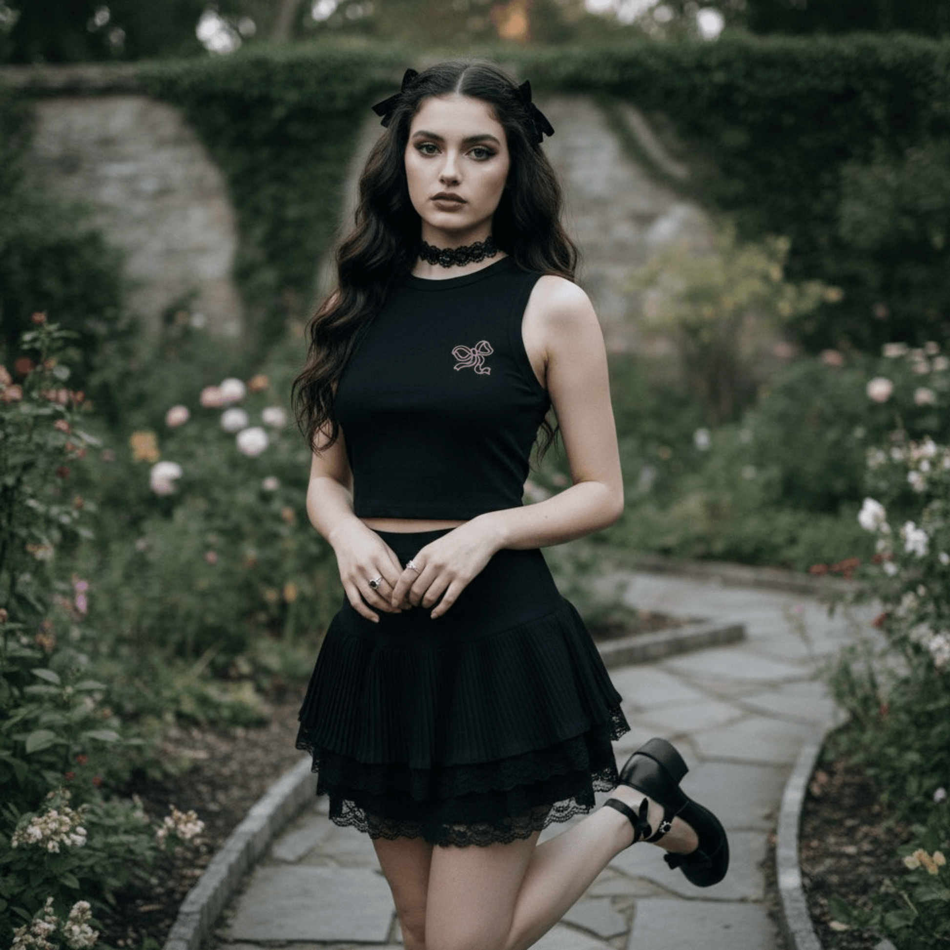 Crop Top Canotta Nero con Fiocco - ghettoblasterwear