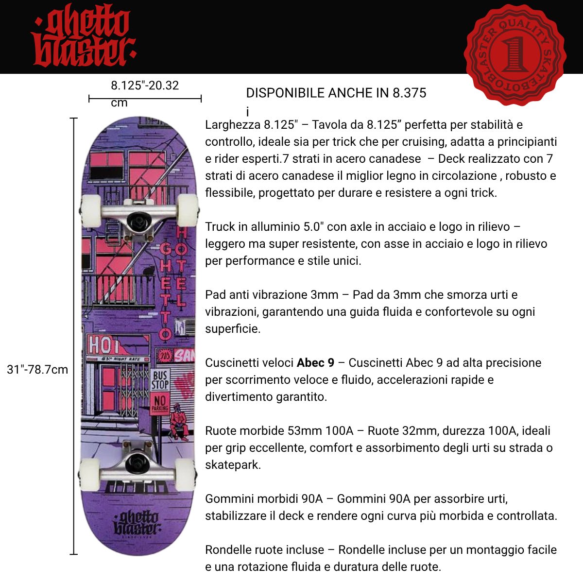 Ghetto Hotel Purple — Skateboard Trick 8.125" x 31" (Usato 10/10) - ghettoblasterwear