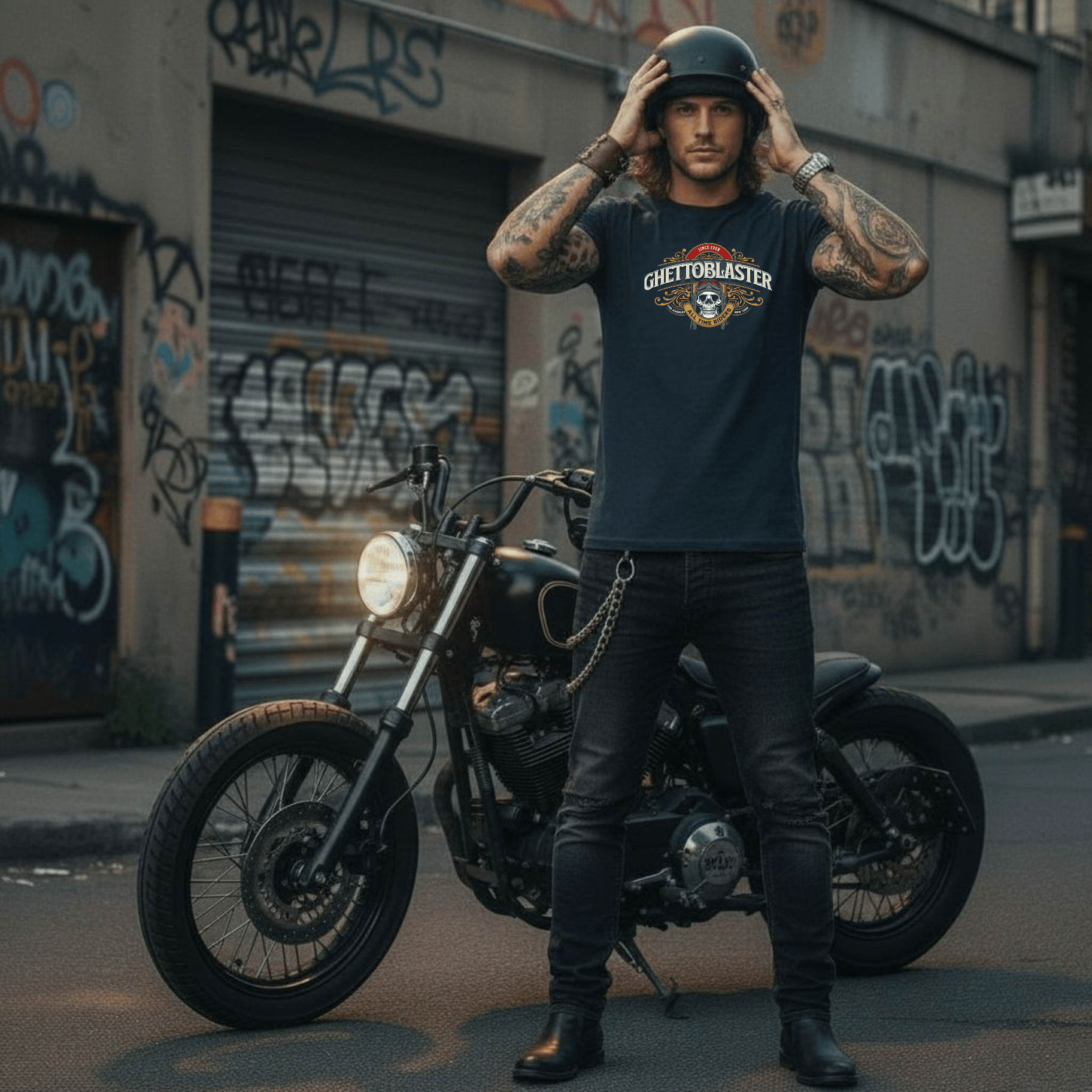 Motorbike T-Shirt Navy – Cotone Biologico e Grafica Esclusiva - ghettoblasterwear
