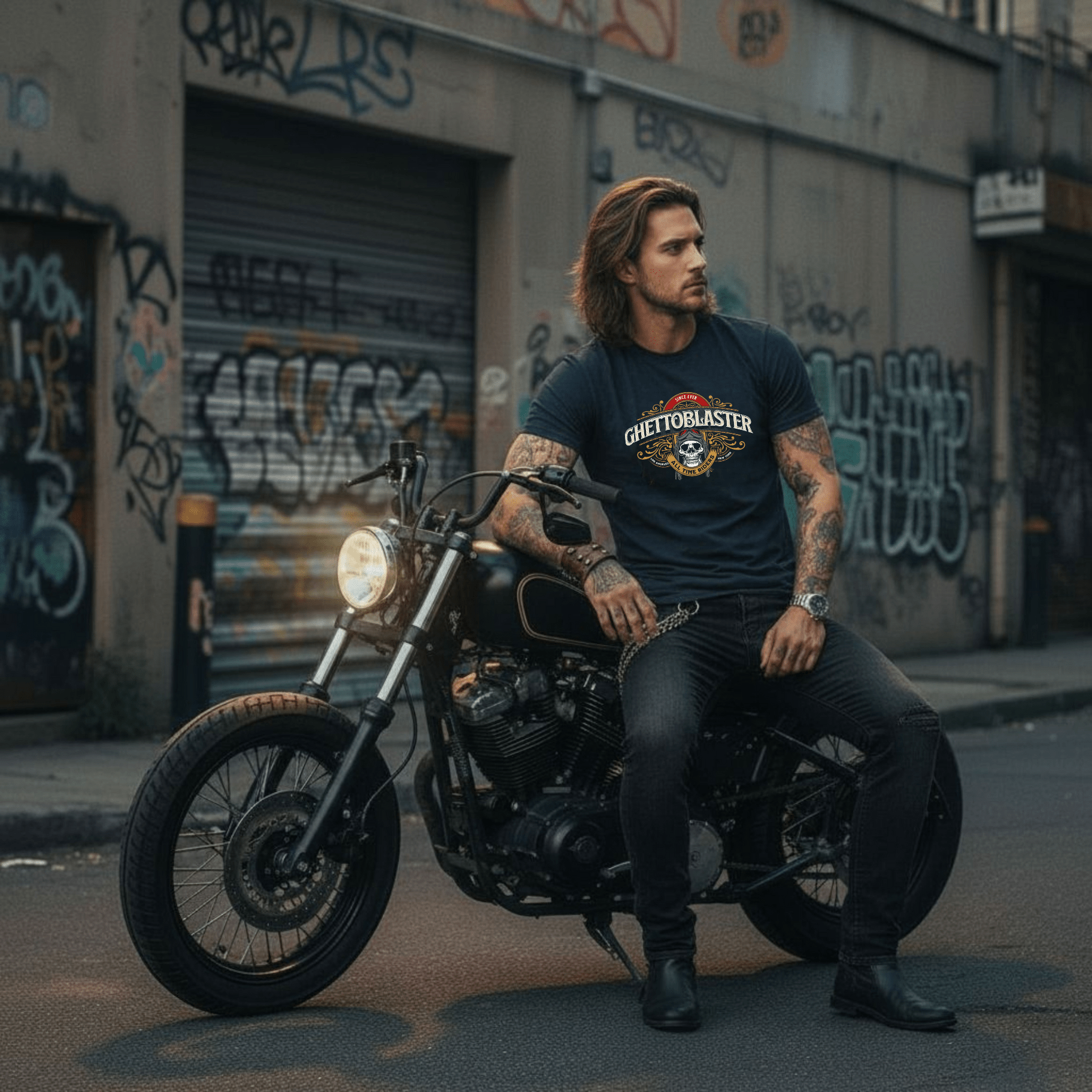 Motorbike T-Shirt Navy – Cotone Biologico e Grafica Esclusiva - ghettoblasterwear