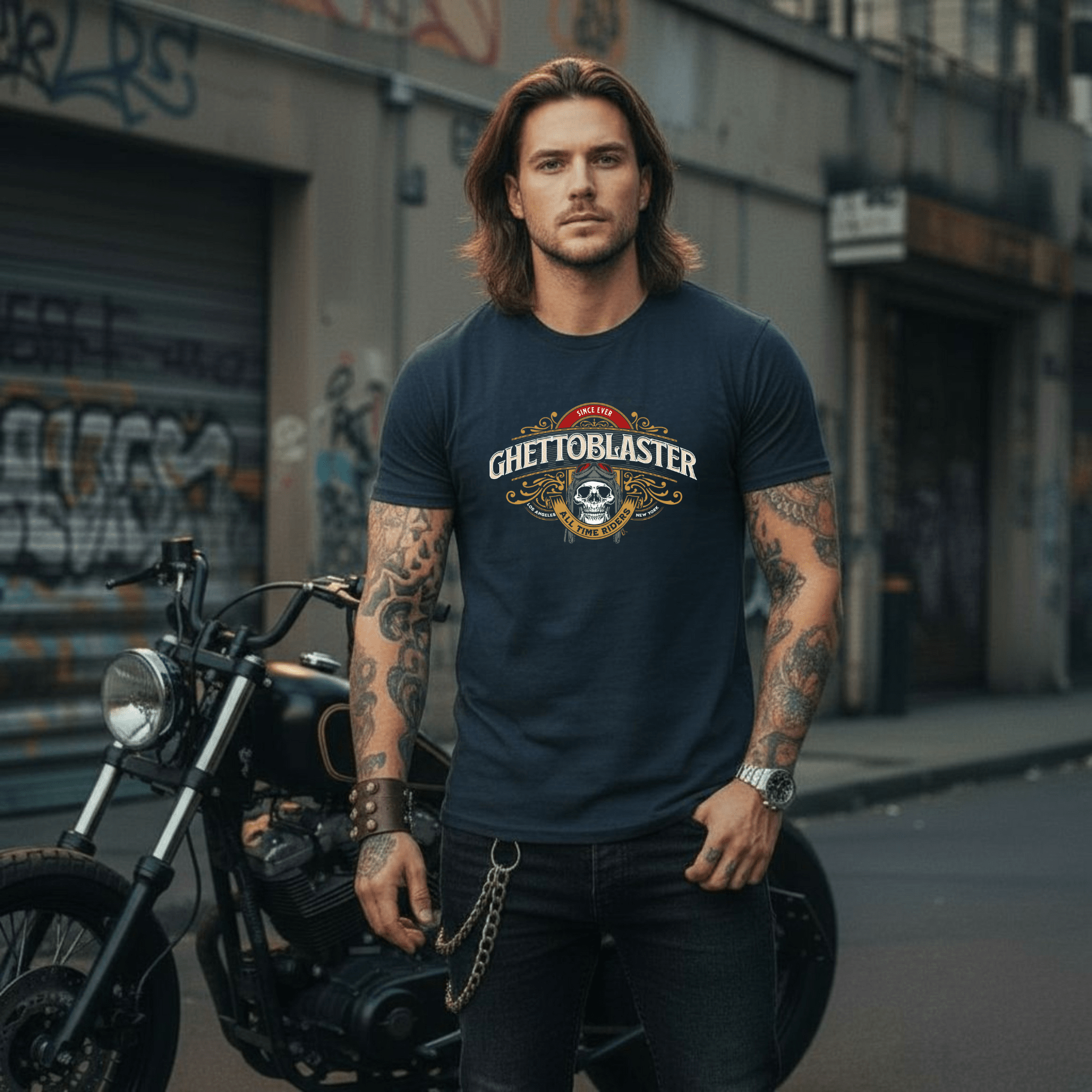Motorbike T-Shirt Navy – Cotone Biologico e Grafica Esclusiva - ghettoblasterwear