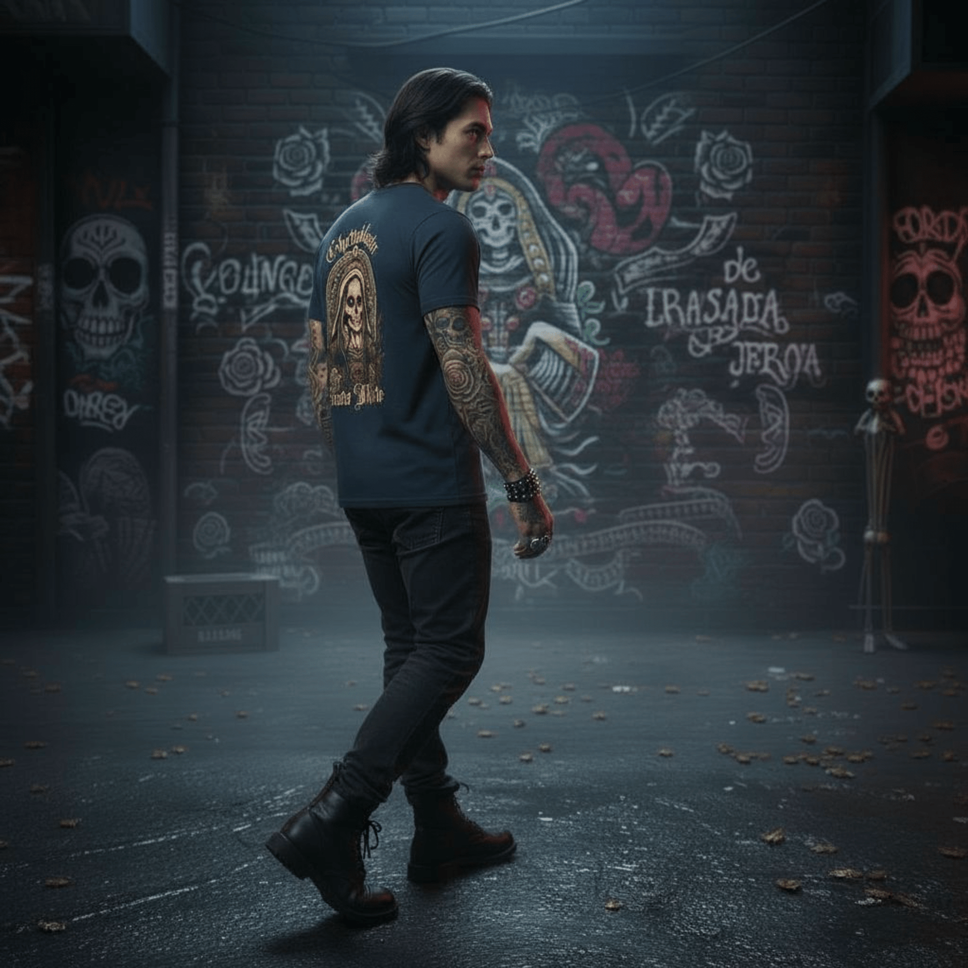 Santa Muerte T-Shirt Navy – Cotone Biologico e Design Unico - ghettoblasterwear