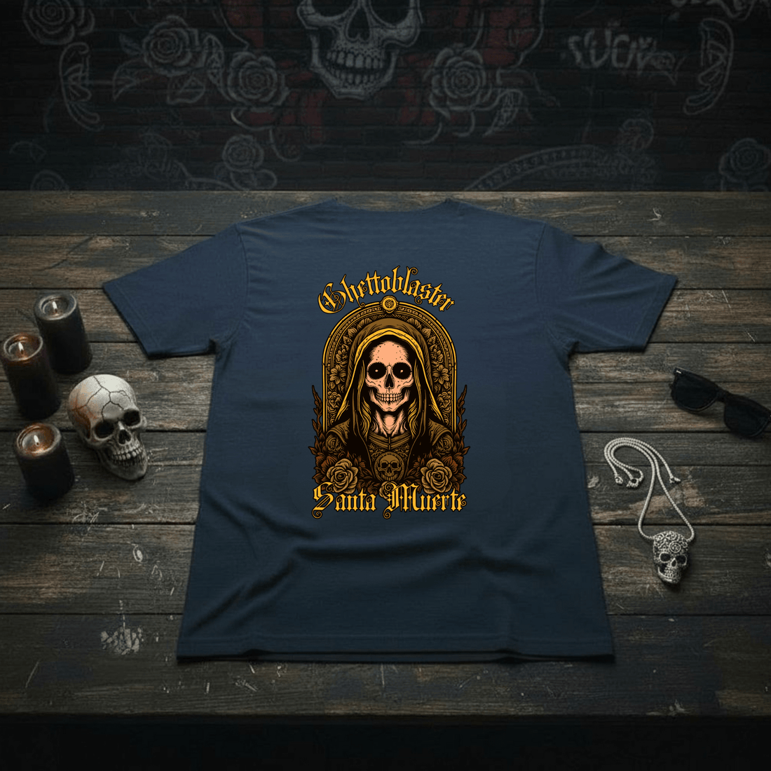 Santa Muerte T-Shirt Navy – Cotone Biologico e Design Unico - ghettoblasterwear