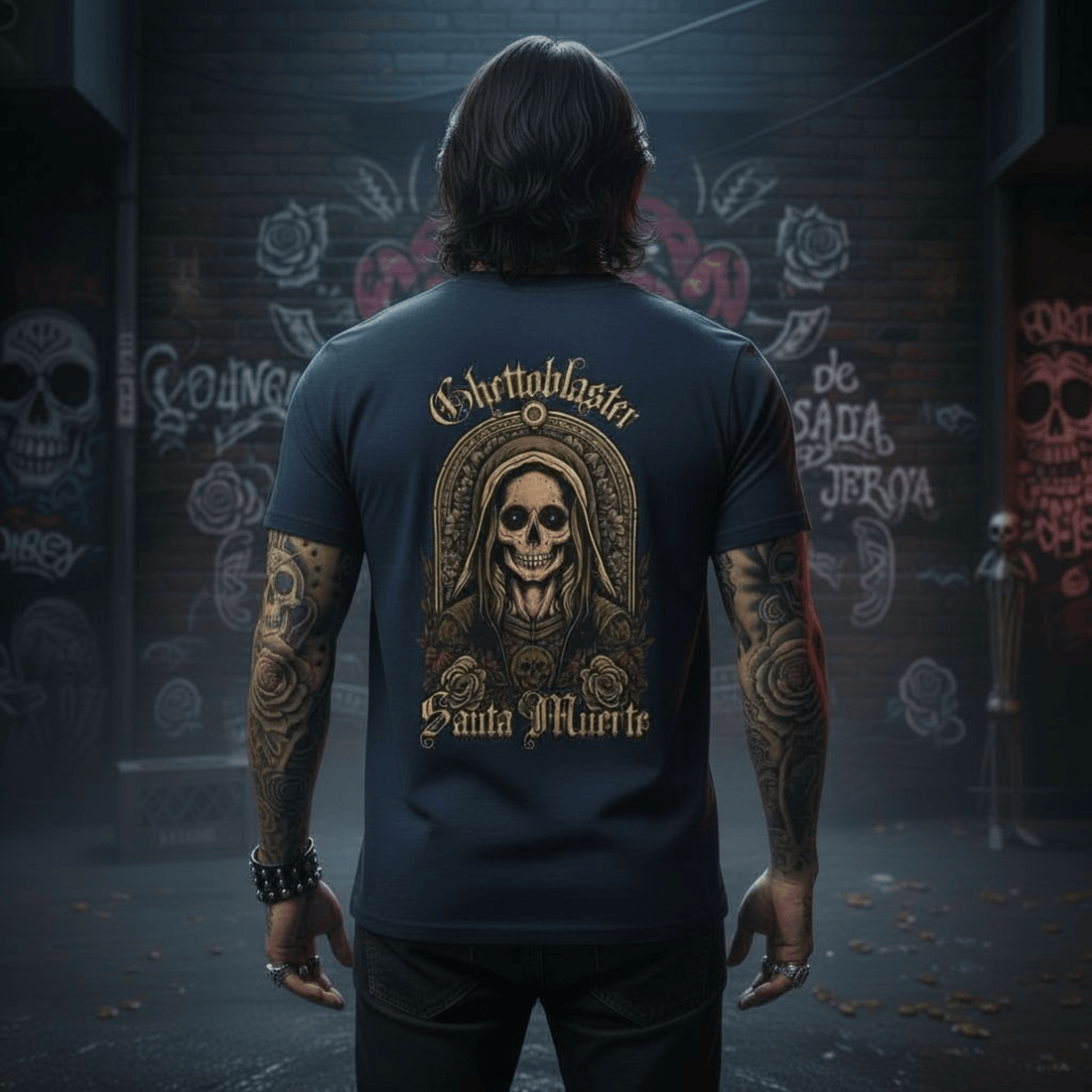 Santa Muerte T-Shirt Navy – Cotone Biologico e Design Unico - ghettoblasterwear