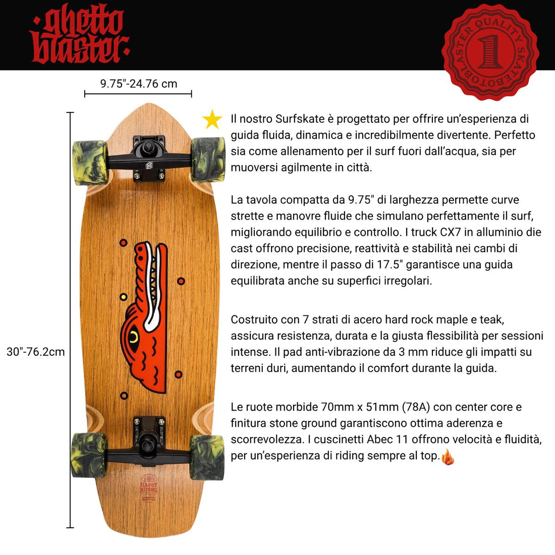 Surfskate Crocodile 30"x 9,75" skateboard