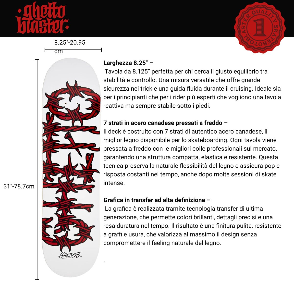 Tavola da skate pre gripped Barbed Wire Red 8.25" - ghettoblasterwear